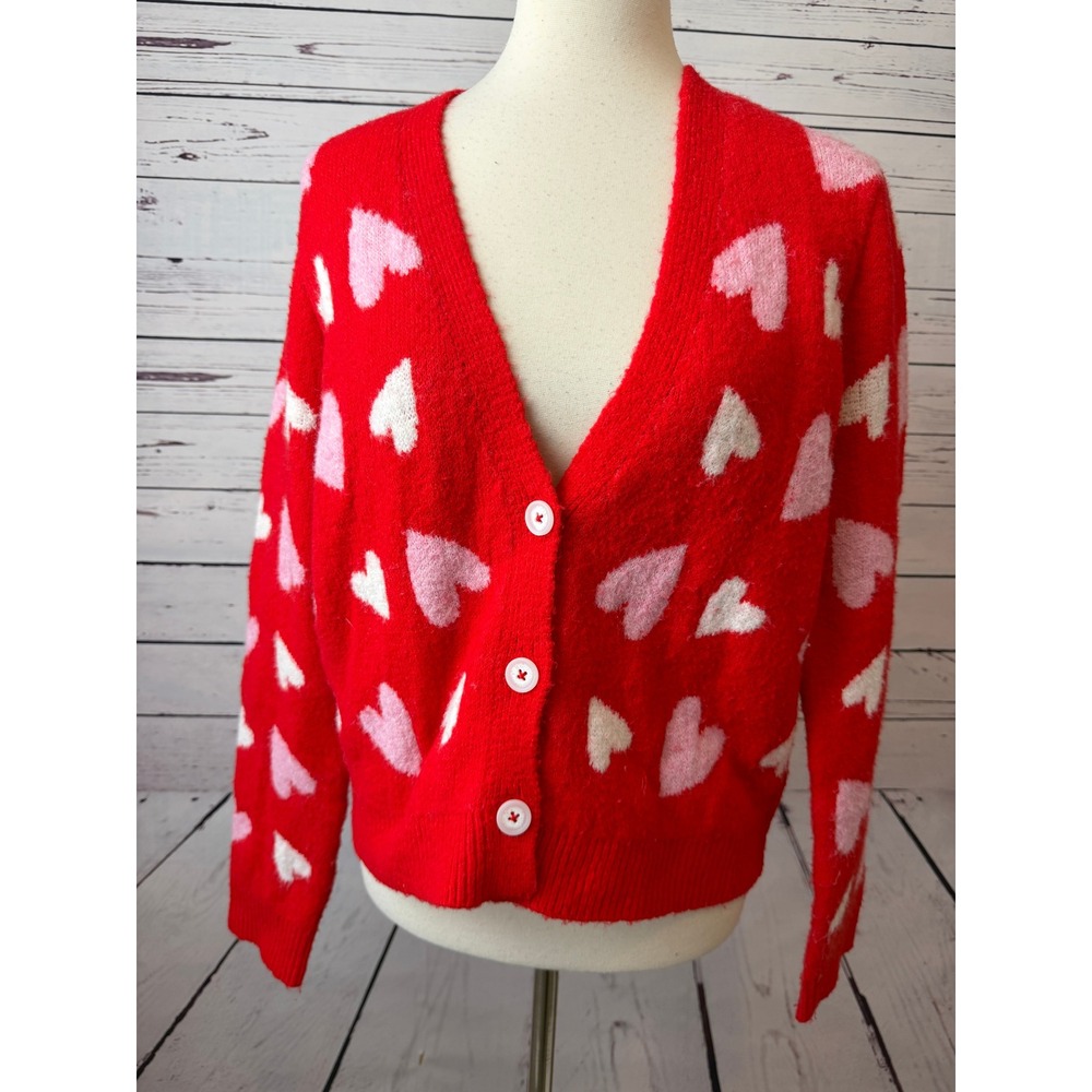 cupcakes and cashmere Cardigan Sweater Medium‎ Red Heart Knit Womens Valentine